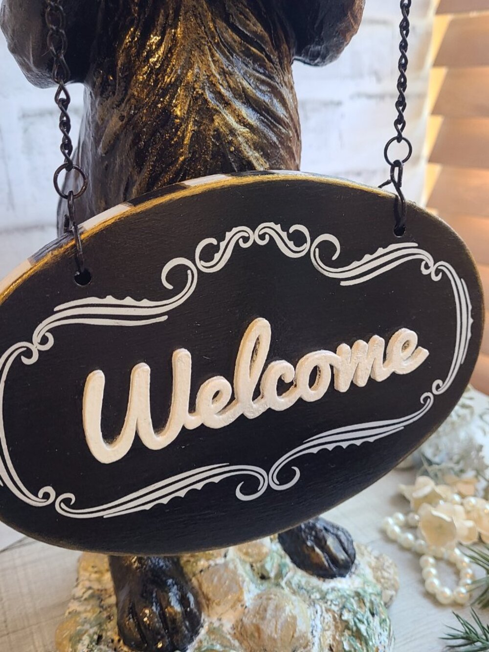 Checked Welcome Sign Anthropomorphic Rabbit Statue Checked Whimsy Decor - Picture 10 of 13